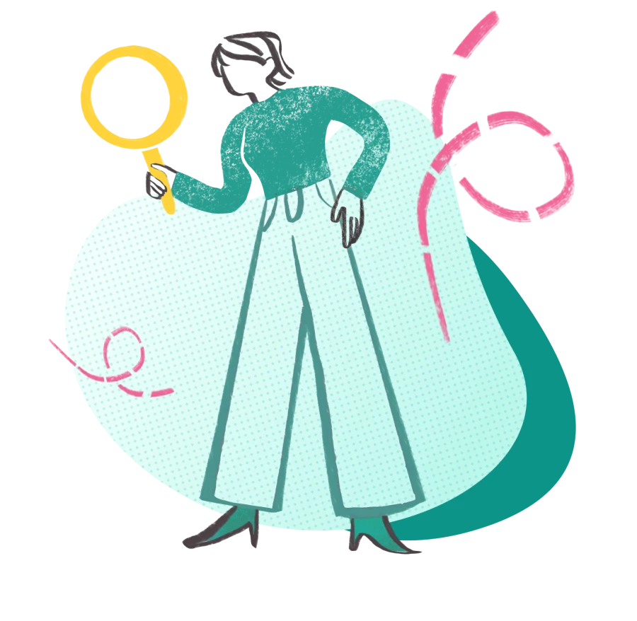 Stylized illustration of girl holding a magnifying glass, with yellow, pink, and green colors.